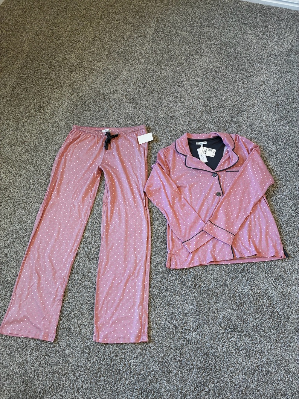 PJ Salvage Pink Dusty Rose Polka Dot Pajama Set with Navy Trim